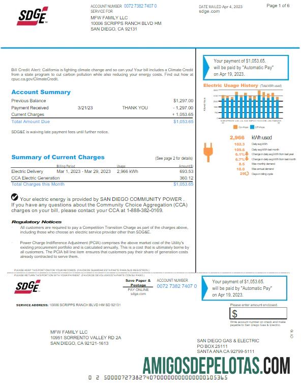 realista Modelo Word e PDF de conta de serviços públicos SDGE dos EUA
